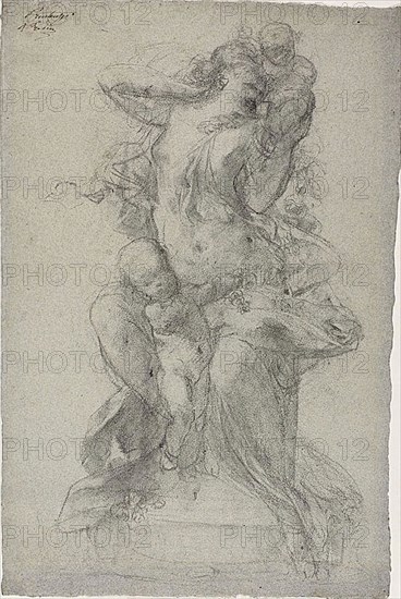 Springtime, c. 1878, Auguste Rodin, French, 1840-1917, France, Charcoal, with stumping and traces of black chalk, on blue laid paper (discolored to gray) with pink and blue fibers, 469 × 317 mm