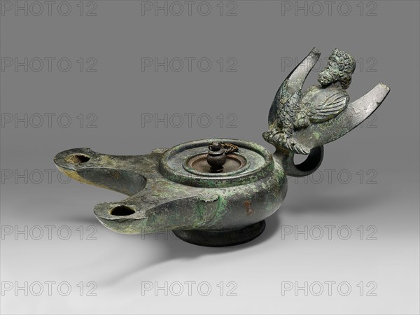 Lamp, Mid–1st century AD, Roman, Roman Empire, Bronze, 11.5 × 21.7 × 14 cm (4 1/2 × 8 1/2 × 5 1/2 in.)