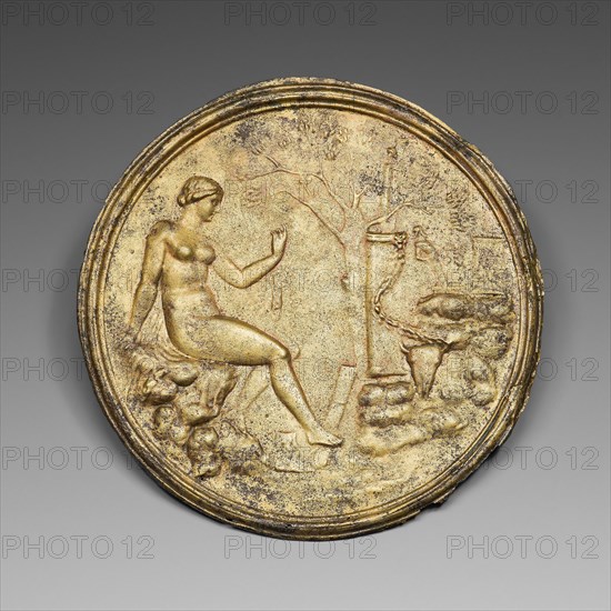Mirror, 2nd century AD, Roman, Roman Empire, Reflective disk: bronze, repoussé disk: brass, Diameter: 11.8 cm (4 11/16 in.), Depth: 0.86 cm (3/8 in.)