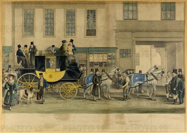 The Blenheim, Leaving the Star Hotel, Oxford, 1831, William Havell, English, 1782-1857, England, Aquatint, heightened with watercolor, on paper