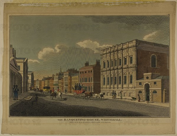 The Banqueting House, Whitehall, 1815, Richard Holmes Laurie, English, 1776/77-1858, England, Hand-colored aquatint on paper