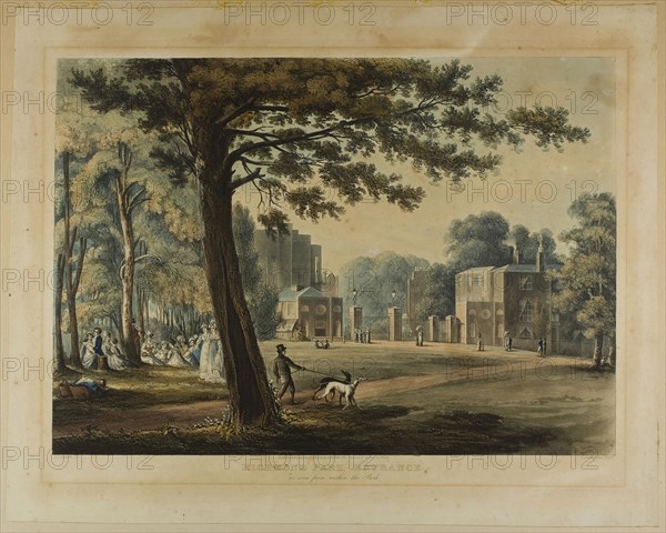 Richmond Park Entrance, 1819, Thomas Sutherland (English, 1785-1825), after John Gendall (English, 1790-1865), England, Aquatint, heightened with watercolor, on paper