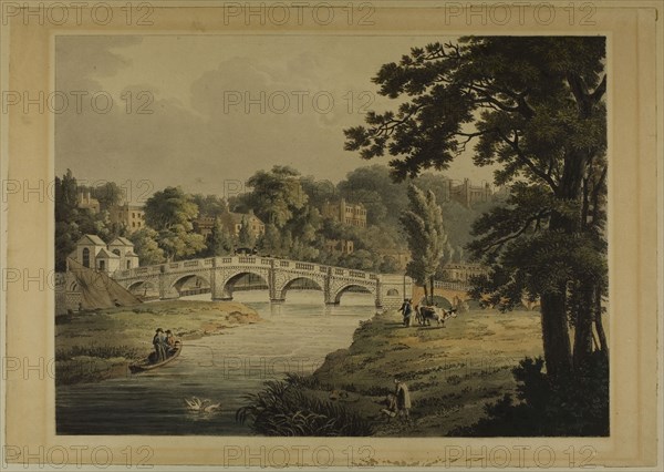 View of Richmond from the Bridge, 1819, Thomas Sutherland (English, 1785-1825), after John Gendall (English, 1790-1865), England, Aquatint, heightened with watercolor, on paper