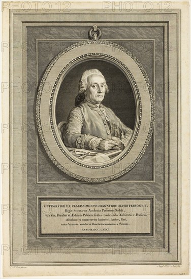 Portrait of J.R. Perronet, 1782, Augustin de Saint-Aubin (French, 1736-1807), after Charles-Nicholas Cochin, the younger (French, 1715-1790), France, Engraving on paper, 449 × 300 mm (plate), 480 × 327 mm (sheet)