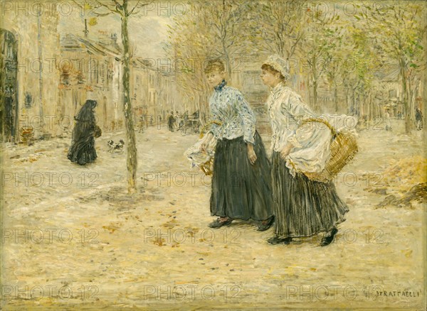 Two Washerwomen Crossing a Small Park in Paris, c. 1890, Jean François Raffaëlli, French, 1850-1924, France, Oil on panel, 59.2 × 81 cm (23 5/16 × 31 7/8 in.)
