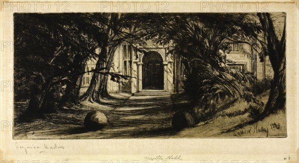 Mytton Hall, 1859, Francis Seymour Haden, English, 1818-1910, England, Drypoint on ivory Japanese paper mounted on board, 122 × 264 mm (image/plate), 155 × 283 mm (sheet)