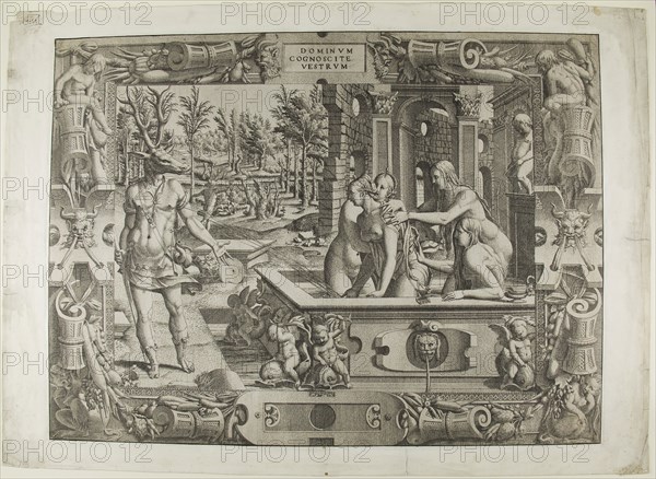 Diana and Actaeon (the Metamorphosis of Acteon), 1544, Jean Mignon (French, active 1535-c. 1555), after Luca Penni (Italian, 1500/04-1557), Fontainebleau, Etching in black on ivory laid paper, 430 × 580 mm (image), 436 × 587 mm (plate), 493 × 685 mm (sheet)