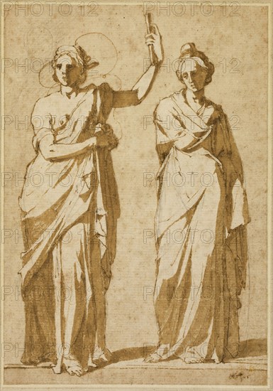 Two Standing Female Figures (Studies after Classical Statuary), 1580/84, Andrea Boscoli, Italian, c. 1560-1608, Italy, Pen and brown ink with brush and brown wash, over traces of black chalk, on buff laid paper, laid down on ivory laid card, 197 x 138 mm
