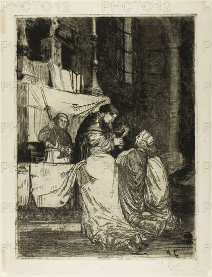 Communion in the Church of St. Médard, c. 1861, Alphonse Legros, French, 1837-1911, France, Etching and drypoint on ivory chine, 366 × 271 mm (plate), 409 × 312 mm (sheet)