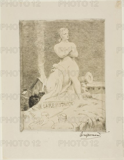 The Statue of The Resistance by Falguière, plate four of The Siege of Paris, 1870, 1874, Felix Bracquemond, French, 1833–1914, France, Etching on ivory laid paper, 207 × 159 mm (plate), 290 × 220 mm (sheet)
