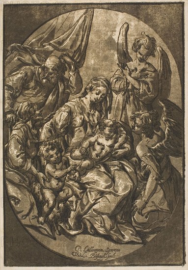 Holy Family in an Oval Frame, 1623, Ludolph Büsinck, German, c. 1590-after 1643, Germany, Chiaroscuro woodcut from three blocks, on paper, 308 x 212 mm (image/block), 317 x 223 mm (sheet)