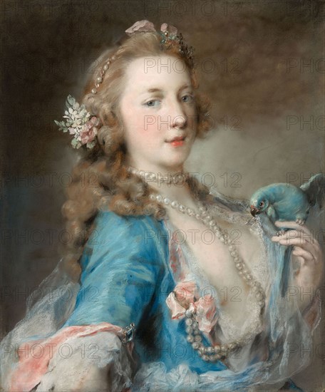 A Young Lady with a Parrot, c. 1730, Rosalba Carriera, Italian, 1675-1757, Venice, Pastel on blue laid paper, mounted on laminated paper board, 600 × 500 mm