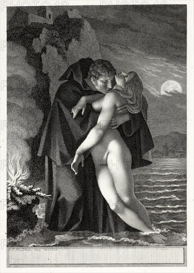 Phrosine and Mélidore, 1797, Pierre-Paul Prud’hon (French, 1758-1823), finished with engraving by Barthélemy Roger (French, 1767-1841), France, Etching, engraving, stipple, and roulette in black on ivory wove paper, 212 × 145 mm (image), 343 × 251 mm (plate), 292 × 213 mm (sheet)