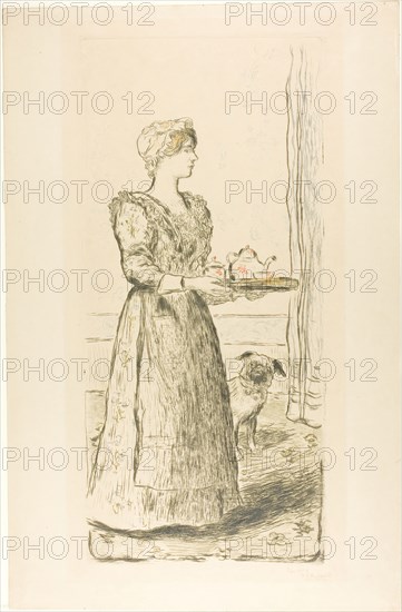Breakfast, 1895, Jean François Raffaëlli, French, 1850-1924, France, Drypoint, etching and roulette, printed in blue, green, yellow ochre, red, and black, on buff wove paper, 467 × 218 mm (image), 472 × 218 mm (plate), 547 × 345 mm (sheet)