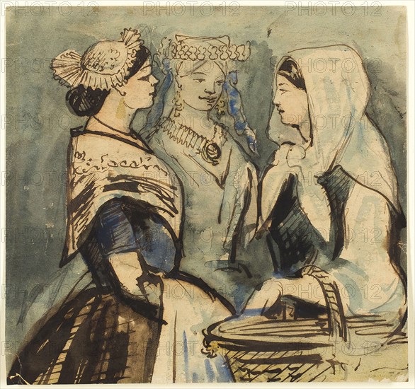 Three Servant Women, n.d., Constantin Guys, French, 1802-1892, France, Pen and brown ink, with brush and watercolor, over graphite, on cream wove paper, laid down on ivory wove paper, 167 × 177 mm