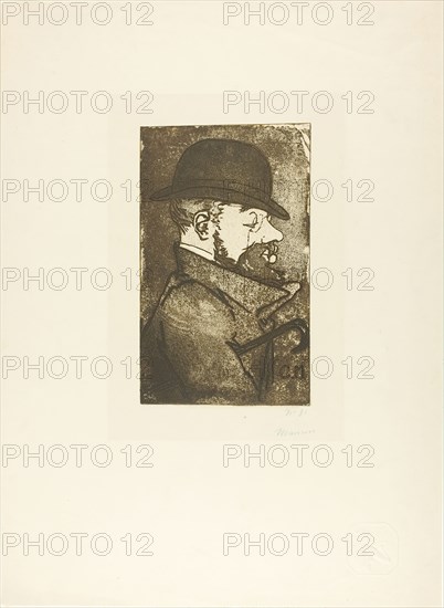Portrait of Toulouse-Lautrec, from the first album of L’Estampe originale, 1893, Charles Maurin (French, 1854-1914), printed by Auguste Delâtre (French, 1822-1907), published by L’Estampe originale (French, 1893-1895), France, Aquatint and etching in brown on ivory wove paper, 226 × 137 mm (image), 226 × 137 mm (plate), 487 × 355 mm (sheet)