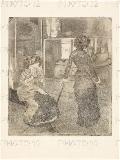 Mary Cassatt at the Louvre: The Etruscan Gallery, 1879–80, Edgar Degas, French, 1834-1917, France, Soft ground etching, drypoint, aquatint, and etching on cream Japanese paper, 270 × 235 mm (image/plate), 359 × 270 mm (sheet)