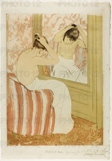 The Coiffure, 1890–91, Mary Cassatt (American, 1844-1926), printed with Leroy (French, active 1876-1900), United States, Color aquatint with drypoint from three plates on ivory laid paper, 364 x 267 mm (image/plate), 433 x 330 mm (sheet)