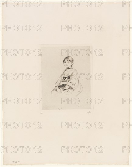 Young Girl with a Cat, 1889, Berthe Morisot, French, 1841-1895, France, Drypoint in black on cream laid paper, 138 × 109 mm (image), 150 × 119 mm (plate), 355 × 279 mm (sheet)