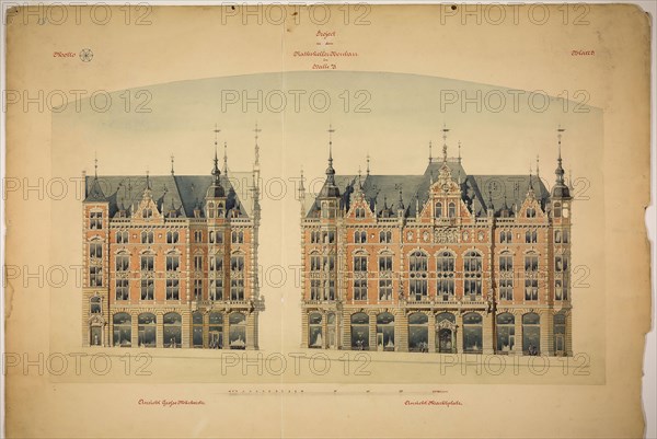 Rathskeller Neubau, Halle (Saale), Saxony-Anhalt, Germany, Elevations, c. 1887, Peter J. Weber, American, born Germany, 1863-1923, Saxony-Anhalt, Graphite, ink, watercolor, and tempera on paper, 68.6 × 98.1 cm (27 × 38 5/8 in.)