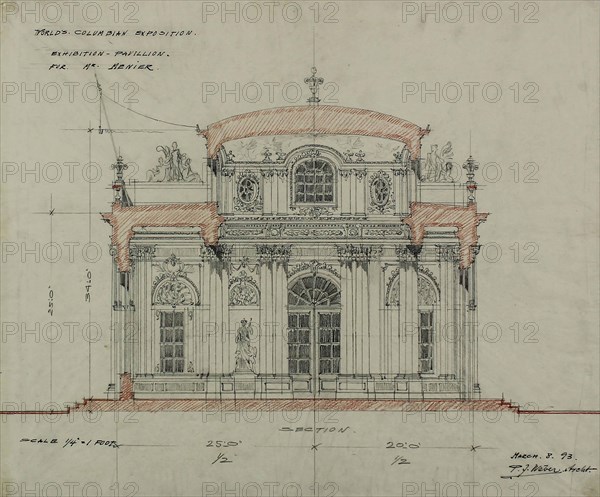 Chocolate-Menier Pavilion, World’s Colombian Exposition, Chicago, Illinois, Section Sketch, 1893, Peter Joseph Weber, American, 1863–1923, United States, Graphite, red pencil, and ink on tracing paper, 42 × 48.7 cm (16 9/16 x 19 3/16 in.)
