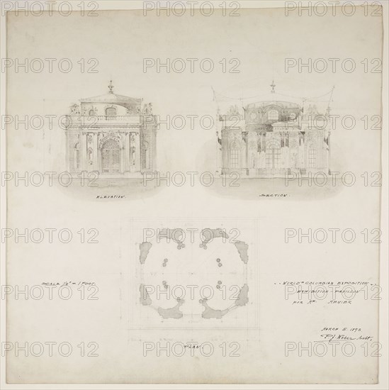 World’s Colombian Exposition Chocolate-Menier Pavilion, Chicago, Illinois, Plan, Elevation, and Section, 1893, Peter J. Weber, American, born Germany, 1863-1923, Chicago, Graphite and wash with ink lettering on illustration board, 54 × 53.5 cm (21 1/4 × 21 1/16 in.)