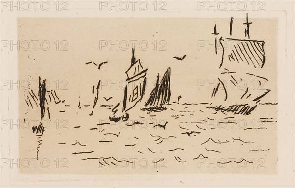 The Sea, plate 7 from Le Fleuve, 1874, Édouard Manet (French, 1832-1883), written by Charles Cros (French, 1842-1888), printed by Auguste Delâtre (French, 1822-1907) and Cochet (French, 19th century), published by Librairie de l’eau-forte (French, 19th century) and Richard Lesclide (French, 1825-1892), France, Etching and drypoint in black on ivory laid paper, 77 × 130 mm (image), 85 × 140 mm (plate), 279 × 240 mm (sheet)