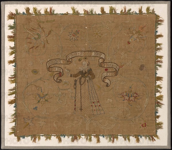 Picture (Needlepoint), 1616, Switzerland, Linen, plain weave, embroidered with silk floss, linen yarns, and gilt-metal-strip-wrapped silk in bullion, buttonhole, detached buttonhole, chain, cross, half cross, long-armed cross, overcast, satin, and threaded herringbone stitches, laid work, couching, and buttonhole couching, edged with silk, plain weave with extended ground weft fringe, 66 x 75.1 cm (26 x 29 1/2 in.)