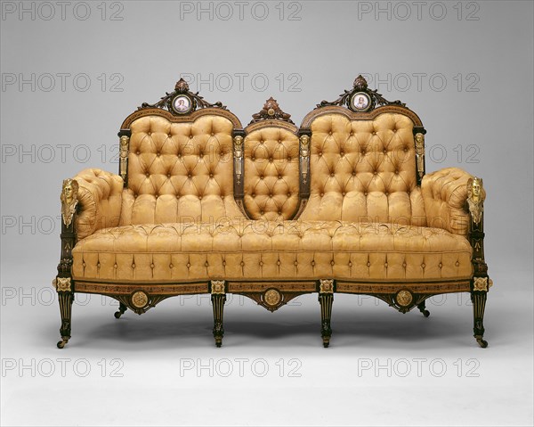 Sofa, 1860/70, American, 19th century, New York, Ormolu mounts by Pierre E. Guerin, American, founded 1857, New York, Rosewood, inlays of various woods, ormolu mounts, and porcelain plaques, 115.5 × 188 × 76.2 cm (45 1/2 × 74 × 30 in.)