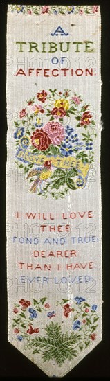 Bookmark, 19th century, Thomas Stevens (English, 1828–1888), England, Coventry, England, Silk, plain weave with supplementary brocading wefts, 12.1 × 3 cm (4 3/4 × 1 1/4 in.)