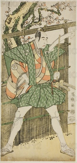 The actor Bando Mitsugoro II as Katsura Kokingo Haruhisa, 1794, Toshusai Sharaku ??? ??, Japanese, active 1794-95, Japan, Color woodblock print, left sheet of hosoban triptych, 32.4 x 15.2 cm