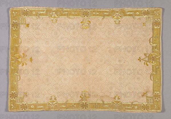Pillow Sham, c.1720, England, Cotton, plain weave, underlaid with linen, plain weave, embroidered with silk floss and silk yarns in back, herringbone, individual satin, and satin stitches, laid work, couching, and French knots, 35.2 × 51 cm (13 7/8 × 20 1/8 in.)