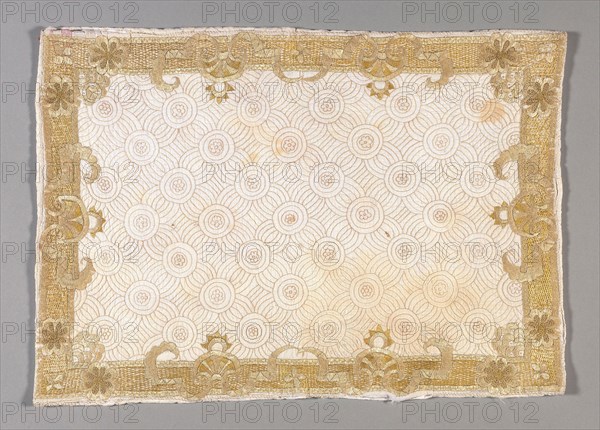 Pillow Sham, c.1720, England, Cotton, plain weave, underlaid with linen, plain weave, embroidered with silk floss and silk yarns in back, herringbone, running, and satin stitches, laid work, couching, and French knots;, 30.1 × 42 cm (11 7/8 × 16 1/2 in.)