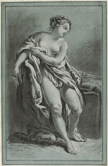 Bather, 1768, Louis-Marin Bonnet (French, 1736-1793), after François Boucher (French, 1703-1770), France, Crayon-manner engraving in black and white on blue laid paper, 357 × 232 mm