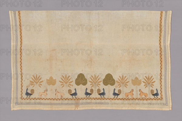 Panel, c. 1880, Possibly Egypt or Turkey, Egypt, Cotton, plain weave, cut and drawnwork embroidered with silk floss and gold gilt strip wound around a cotton fiber core in darning and hem stitches and darned wheels, and embroidered in back, cross, and satin stitches, 82.3 × 133.5 cm (32 3/8 × 52 5/8 in.)