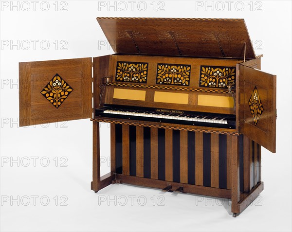 Manxman Pianoforte, 1897, Designed by Mackay Hugh Baillie Scott, English, 1865-1945, Made by John Broadwood and Sons, England, founded 1728, London, England, Oak, ebony, ivory, mother-of-pearl, and copper, 128.9 × 143.2 cm (50 3/4 × 56 3/8 in.), H. with top open 162.6 cm (64 in.), W. with one door open 212.4 cm (83 5/8 in.)