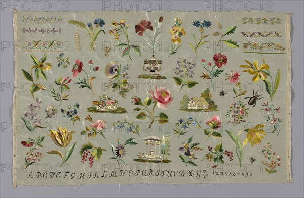 Sampler, 18th century, Possibly Germany or Netherlands, Germany, Silk, plain weave, embroidered with silk floss and yarns, chenille yarns, and silk, plain weave ribbons, embroidered in chain, individual running, satin, padded satin, single satin, split, and stem stitches, French knots, laidwork, couching, 44.1 x 67.2 cm (17 3/8 x 26 1/2 in.)