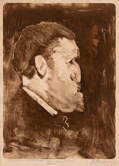 Caricature of William Gedney Bunce, 1883–84, Frank Duveneck, American, 1848-1919, United States, Monotype in brown on ivory wove paper, 434 x 314 mm (image), 547 x 397 mm (sheet)