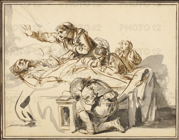 Women and Children Mourning a Dead Man, 1778, Jean-Baptiste Greuze, French, 1725-1805, France, Pen and brown ink, and brush and gray and brown wash, with graphite, on cream laid paper, laid down on ivory laid paper, laid down on ivory laid paper, 249 × 324 mm