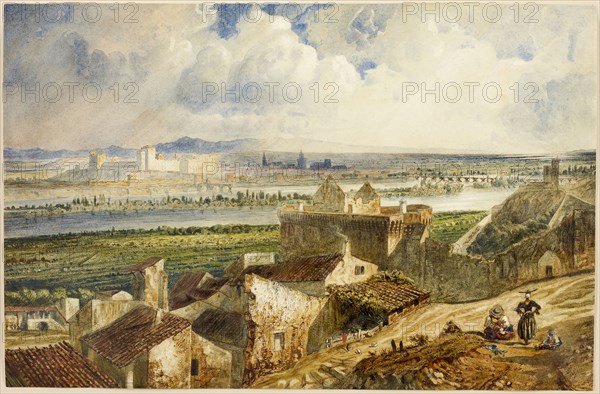 View of Avignon (from Villeneuve les Avignon), 1823/69, Paul Huet, French, 1803-1869, France, Watercolor, with touches of gouache and scraping, selectively varnished with gum arabic, over traces of graphite, on ivory wove paper, 315 × 483 mm