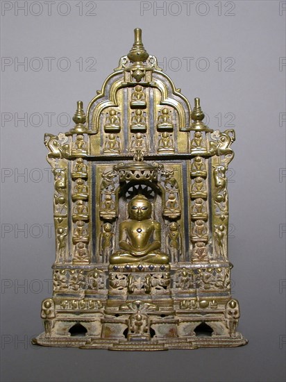 Altarpiece with Twenty-Second Jaina Tirthankara Neminatha Surrounded by Twenty-Three Other Tirthankaras, 1498, India, India, Brass inlaid with silver, 33.1 x 21.5 x 9.5 cm (13 x 8 1/8 x 3 3/4 in.)