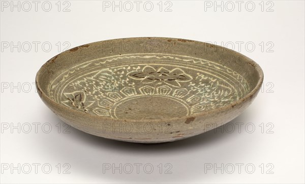 Low Bowl, Goryeo dynasty (918–1392), 14th century, Korea, Korea, Celadon-glazed stoneware with underglaze inlaid decoration of black and white clays, H. 5.7 cm (2 1/4 in.), diam. 19.3 cm (7 5/8 in.)