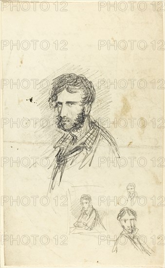 Self-Portrait with Three Sketches, n.d., George Cruikshank, English, 1792-1878, England, Graphite, on ivory wove paper, tipped on cream wove paper, 184 × 112 mm