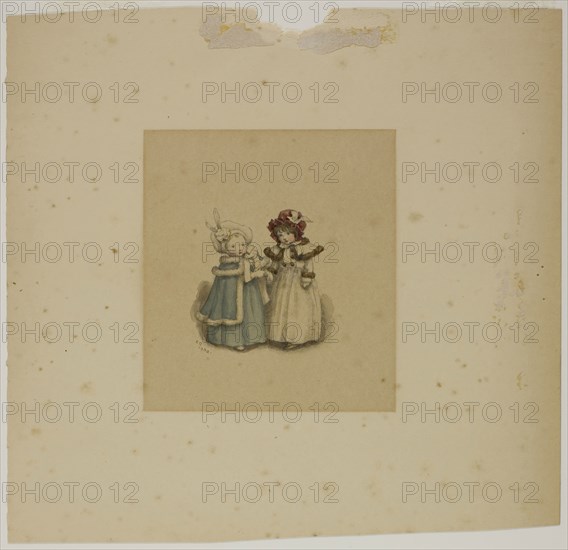 Two Little Girls in Fur-Trimmed Coats, 1900, Kate Greenaway, English, 1846-1901, England, Watercolor, with graphite, on cream wove paper (discolored to tan), 214 × 222 mm