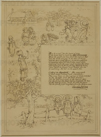 Study for Home-Beauty, c. 1883, Kate Greenaway, English, 1846-1901, England, Pen and brown ink, over traces of graphite, on cream wove paper, laid down on cream wood-pulp laminate board, 248 × 181 mm