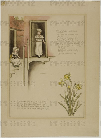 Study for From Wonder World, from Marigold Garden, 1885, Kate Greenaway, English, 1846-1901, England, Pen and brown ink and watercolor on cream wove paper, 268 × 195 mm