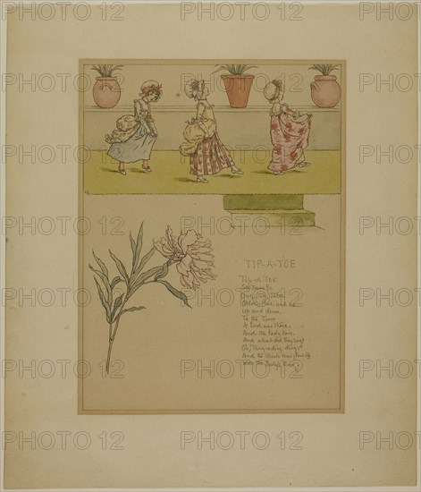 Study for Tip a Toe, from Marigold Garden, 1885, Kate Greenaway, English, 1846-1901, England, Pen and brown ink and watercolor over traces of graphite, on cream wove paper (discolored to tan), 279 × 238 mm