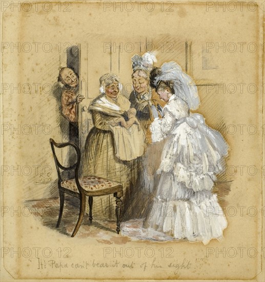 It’s Papa Can’t Bear it Out of His Sight, 1872, Randolph Caldecott, English, 1846-1886, England, Gouache and watercolor with graphite, on cream wove paper (discolored to tan), laid down on tan wood-pulp board, 191 × 180 mm