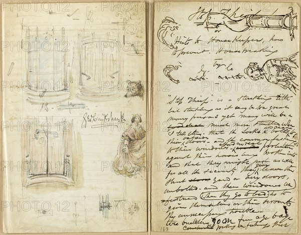 Letter: Stop Thief, 1851, George Cruikshank, English, 1792-1878, England, Signed letter in pen and brown ink, with several sketches in pen and brown ink, and one entire sheet of sketches in graphite and watercolor, signed in pen and black ink, on two sheets of cream wove paper, 228 × 144 (each sheet)