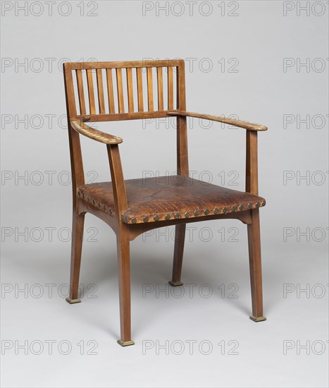 Armchair No. 8, 1898/99, Designed by Otto Wagner (Austrian, 1841-1918), Austria, Vienna, Vienna, Polished walnut, mother–of–pearl, and brass with leather seat, 90.2 x 66 cm (35 1/2 x 26 in.), Diameter: 59.1 cm (23 1/4 in.)